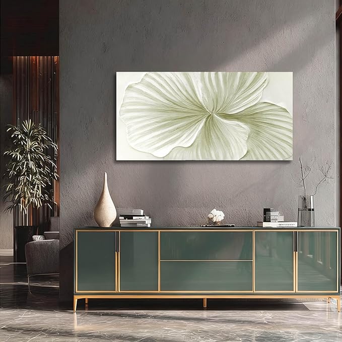 MLART99 Abstract Leaf Wall Art Modern Ginkgo Canvas Hand-drawn Painting 24x48 Green and White Large Artwork Minimalist Decoration for Living Room Bedroom Office Home