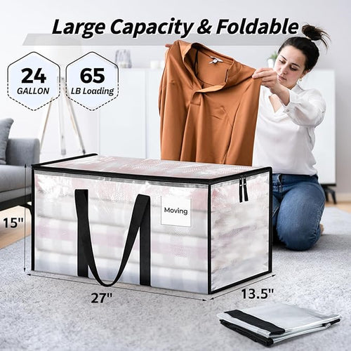 16 Pack Extra Large Heavy Duty Moving Bags, Clear Storage Bins with Lids, Reinforced Handles & Heavy-Duty Zippers Moving Boxes Storage Bags Totes for Clothes Packing, Dorms, College Supplies, Clear
