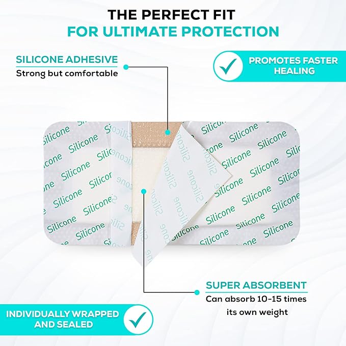 MedVance Bordered Adhesive Silicone Foam Dressing Pack of 5 - Waterproof Silicone Pad - Easy Apply & Remove Sterile Bandages - Wound Care & Dressings for Burns & More (4”X8” Bandage, 2.4"x 6.4" Pad)