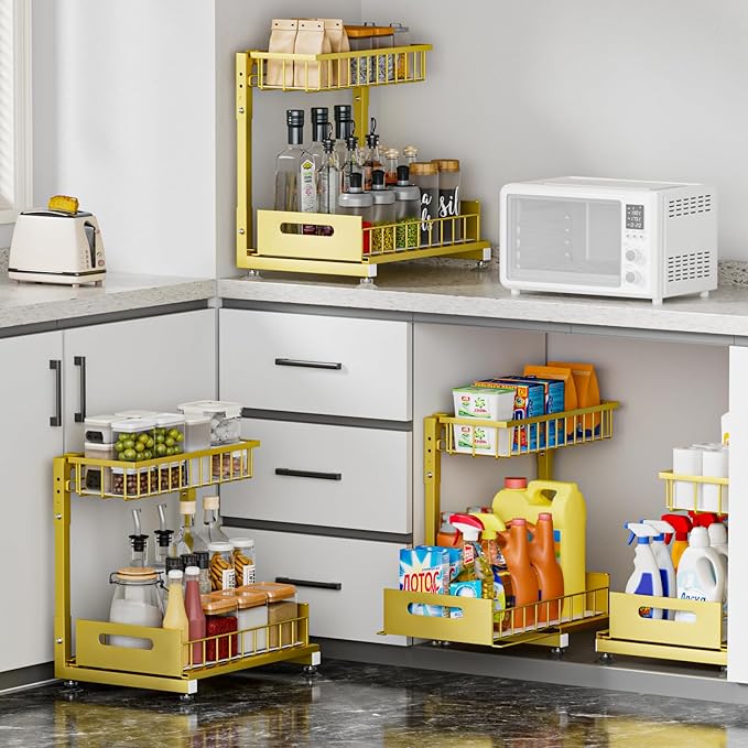 2 Pack Pro Under Sink Organizer Storage: Premium Metal 2-Tier Pull-Out Wire Basket Organizer, L Shape Height Adjustable, Easy Installation | Kitchen & Bathroom Cabinet Organizers
