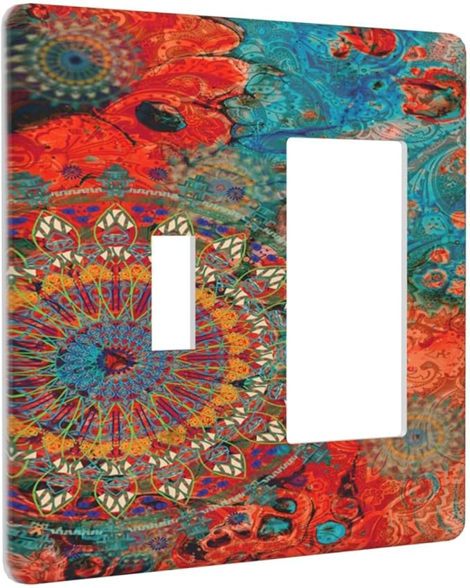Abstract Ombre Colorful Indian Mandala 2 Gang Light Switch Covers Single Toggle Rocker Combination Wall Plate Cover Electrical Faceplate Decorative Switchplate for Livingroom Bedroom Bathroom Decor
