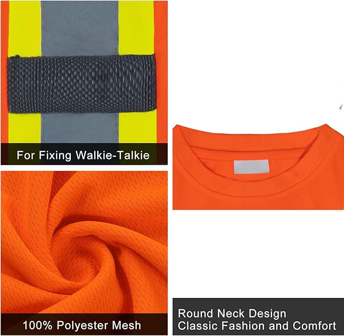 FONIRRA Hi Vis Shirts for Men Reflective ANSI Class 2 Safety Long Sleeve High Visibility Work Construction T Shirts Orange
