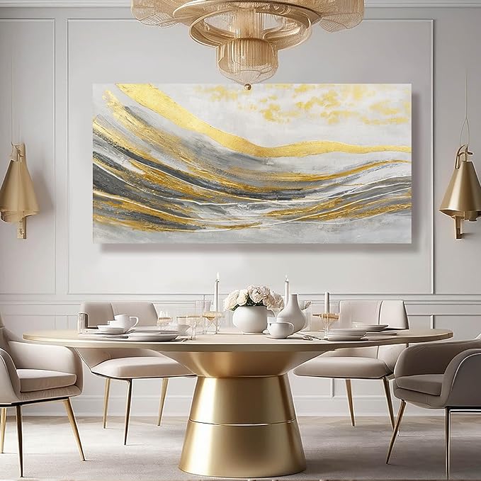Artexist Abstract Line Wall Art Prints, Gold & Grey, 24"x48" Large Canvas Wall Pictures for Living Room, Bedroom, Office Decor
