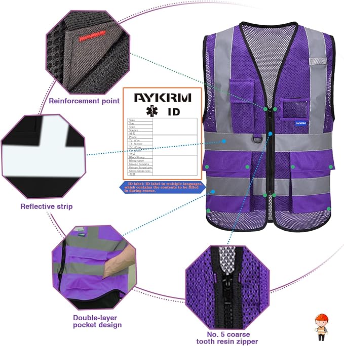 A-SAFETY High Visibility Mesh Safety Reflective Vest with Pockets and Zipper,Hi Viz Work Vest for Men Women (Purple Mesh 4XL-5XL)