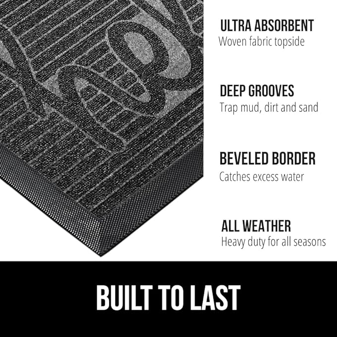 GORILLA GRIP 100% Waterproof All-Season WeatherMax Doormat 35x23, US Designed Natural Rubber, Stain and Fade Resistant, Low Profile Indoor Outdoor Door Mats, Easy Clean Patio Mat, Charcoal Hello