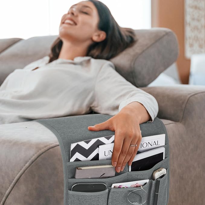 Teniux Remote Control Holder Armchair Caddy for Recliner Couch, Non-Slip Armrest Organizer with 5 Pockets for Magazine, Tablet, Phone, iPad (Silver Grey)