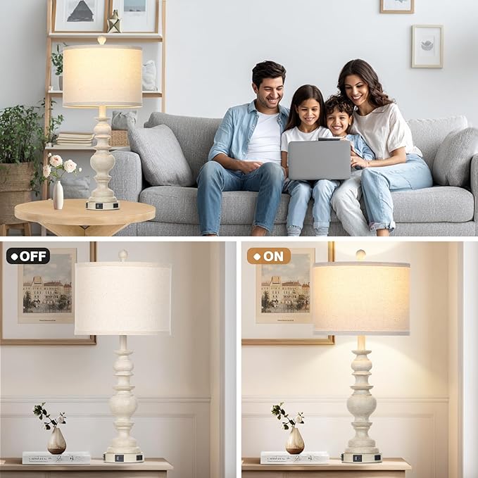27.5" Beige Farmhouse Table Lamps for Living Room, Rustic Bedside Lamps with USB C+A Ports & AC Outlet, Vintage Bedroom Lamp Set of 2, Tradition Night Stands Lamp for Side End Table Desk