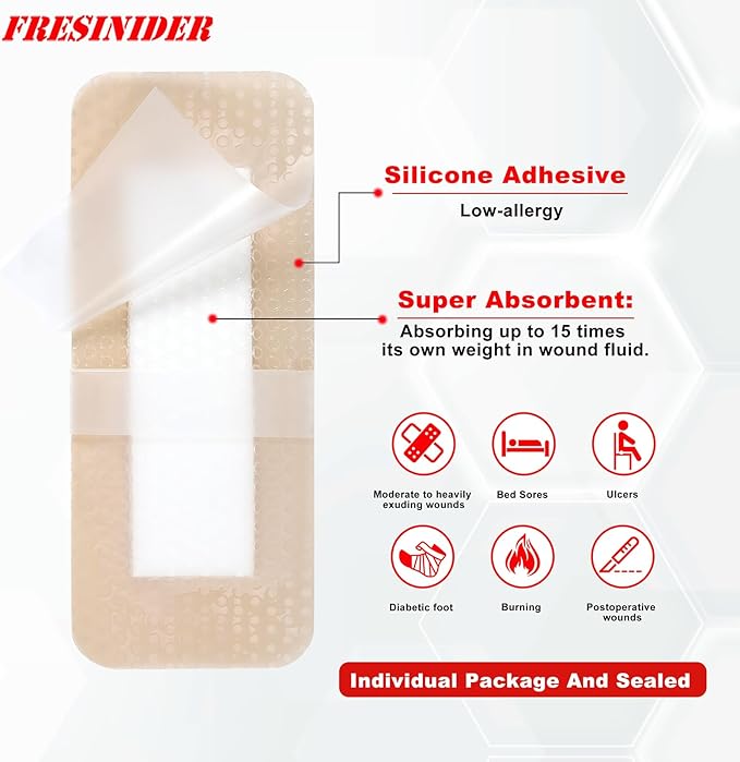 FRESINIDER 4" x 8" Pack of 5 Silicone Foam Wound Dressing - Waterproof Adhesive Bandages with Bordered - Super Absorbent & Breathable for Optimal Wound Care