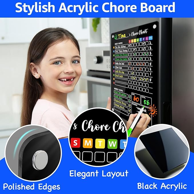 PigPotParty Black Acrylic Magnetic Chore Chart for Multiple Kids, 12"x16" Reward Responsibility Chart, 2 Pcs Daily Weekly Dry Erase Fridge Chore Board Checklist for Teens Adult, w/ 12 Markers & Towel
