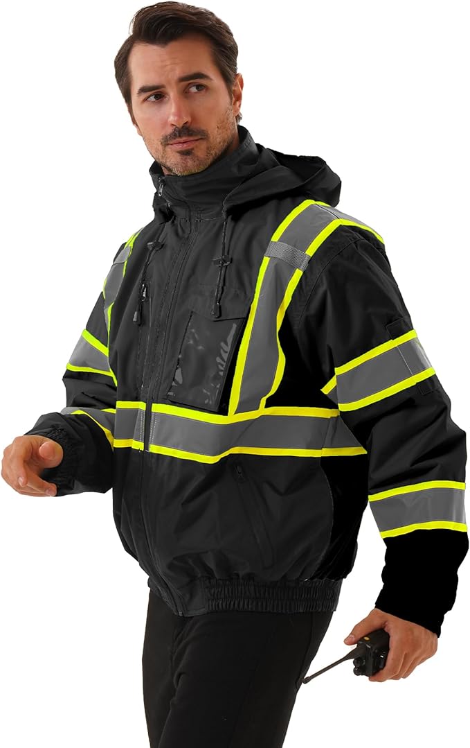 Hi Vis Safety jacket for men,Reflective high Visibility Hooded jacket,Work Bomber Jacket with Pockets and Zipper,Waterproof,ANSI Class 3 Black,Small