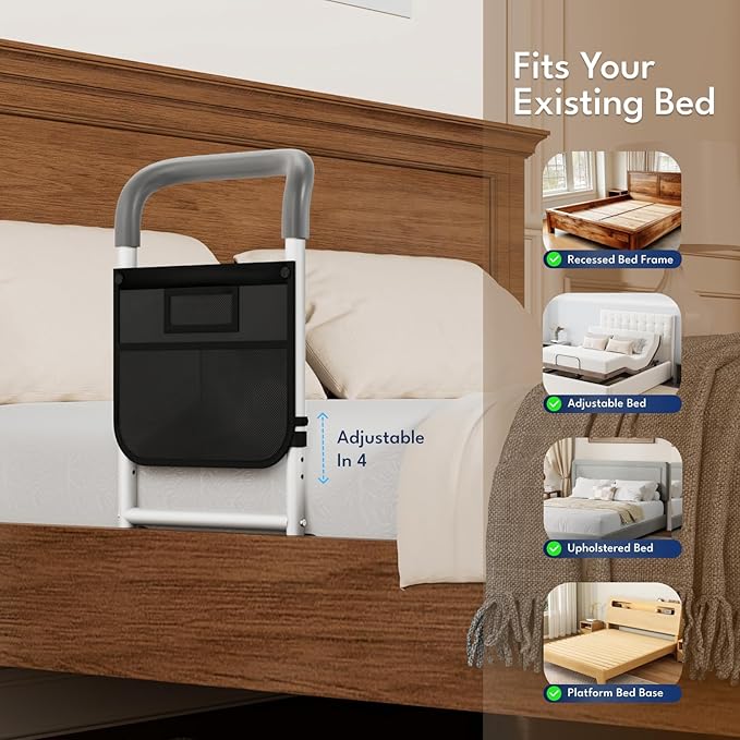 HOMEAL Bed Rails for Elderly Adults Safety - Adjustable Bedside Assist Rails for Seniors with Sensor Light, Portable Bed Cane with Non-Slip Handle & Fixing Strap, Fit Standard & Adjustable Bed(Grey)