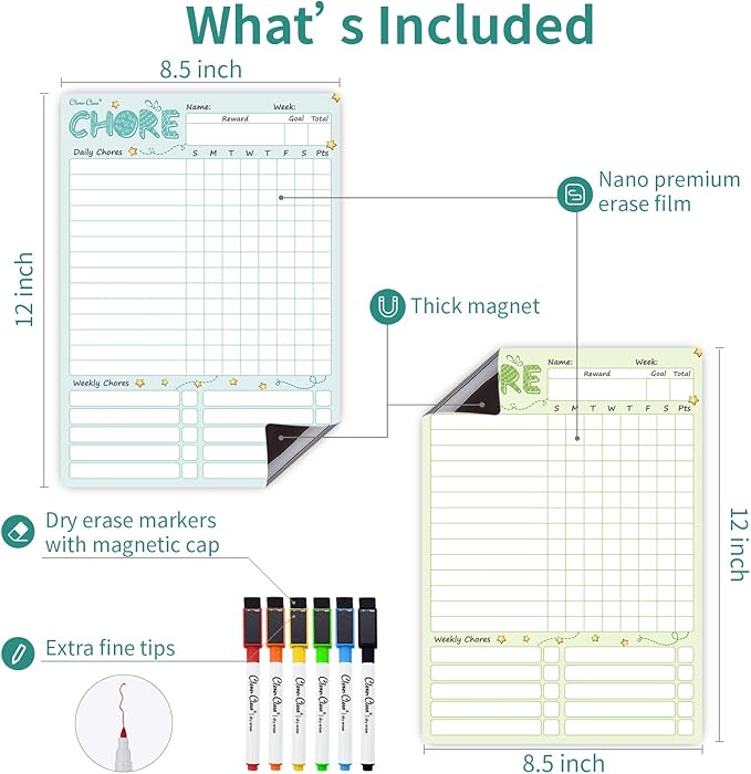Magnetic Dry Erase Chore Chart - 8.5"x12" Behavior Responsibility Chore Board for Kids, Teenagers - 6 Extra Fine Point Markers Included - Shipped Flat 2 Pcs Blue & Green