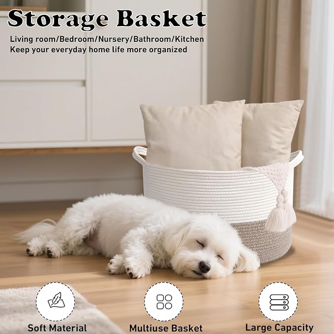 Large Storage Basket with Handle,23.6" x 23.6" x 15.7" Blanket Basket Storage Bins for Organizing,65L Cotton Rope Woven Baskets for Living Room, Nursery ,Bedroom,White&Brown