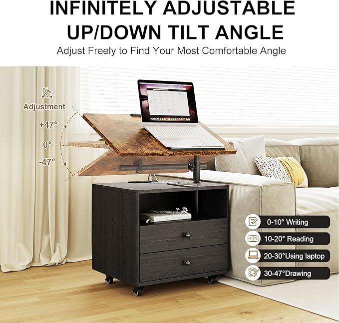 Bedroom Nightstand with Drawers & Charging Station, Adjustable Height Bedside Table with Wheels, Wooden Small Sofa Side Tables with Storage for Living Room, Black Brown