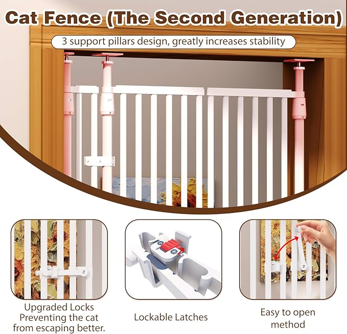 74.8"-90.5" Extra Tall Cat Gate for Doorway, Auto‑Close, No‑Drill Pressure‑Mount with 3 Support Pillars & Double‑Door, Fits 30.3–38.2″ Openings, 1.37″ Narrow Gap, Extension Kit Included, White
