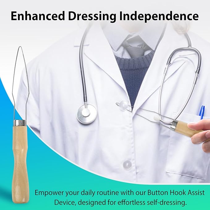 2pcs Button Hook Assist Device with Easy-Grip Wooden Handle for Shirts, Coats, Dresses - Ideal Button Aids for Arthritis & Limited Dexterity