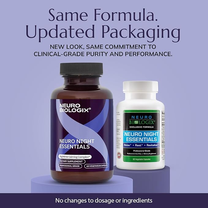 Neurobiologix Neuro Night Essentials, Calming Nighttime Formula with GABA L-Theanine Valerian Root & Magnesium, Supports Relaxation Emotional Balance & Wind-Down Routine, 60 Vegetarian Capsules