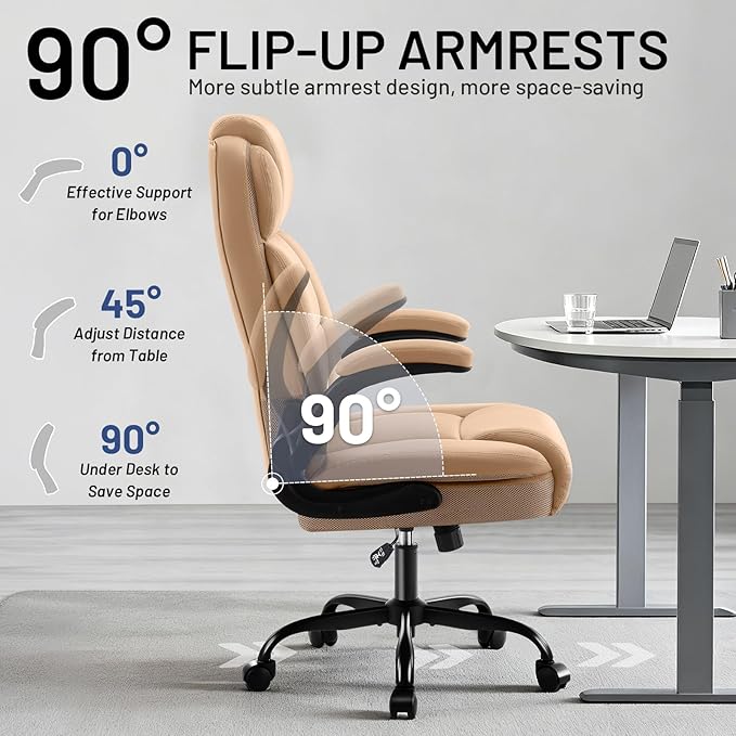 Ergonomic Office Chair with High Back Headrest, PU Leather Executive Desk Chair - Padded Flip-Up Armrests, Lumbar Support, Swivel Computer Chair for Home Office & Gaming, Khaki