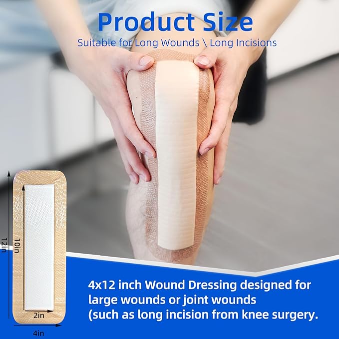 Ultra Soft Silicone Foam Dressing 4" x 12" - Large Bandages for Wounds, Highly Absorbent Waterproof Bandages for Bed Sores, Leg Ulcers, Knee Surgery 3 Count