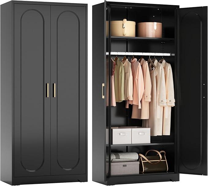 Metal Armoire Wardrobe Closet with Hanging Rod, 71" Tall Wardrobe Cabinet for Clothes, Black Clothing Storage Cabinet with Doors and Shelves, Large Wardrobes for Bedroom, Office, Employee