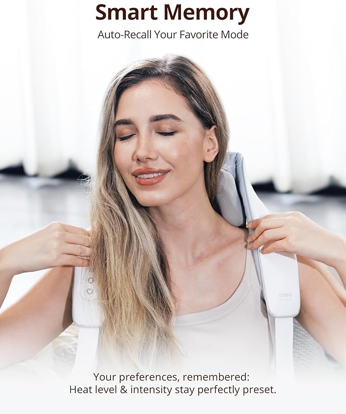 Cordless Shiatsu Neck and Back Massager with Heat, 10 Mins x 12 Uses, 3 Massage Modes & 2 Intensity Levels, 3D Kneading Deep Tissue for Pain Relief, Voice Prompt & Smart Memory, Relax for Women, Men