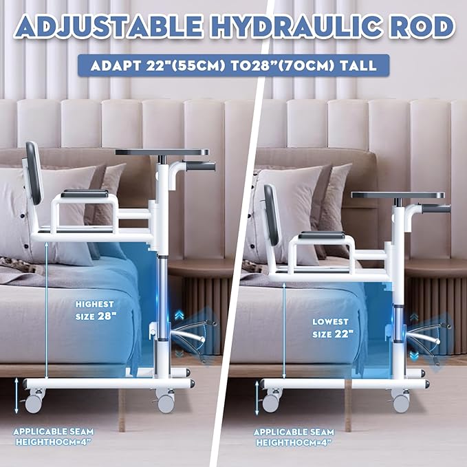 Drexo Patient Lift Transfer Chair, 5 in 1 Patient Lift Chair with 180°Split Seat, Height Adjustable Patient Transfer Chair with 4 Casters for Home Seniors Elderly, Load 450Lbs (Enlarge, Silver)