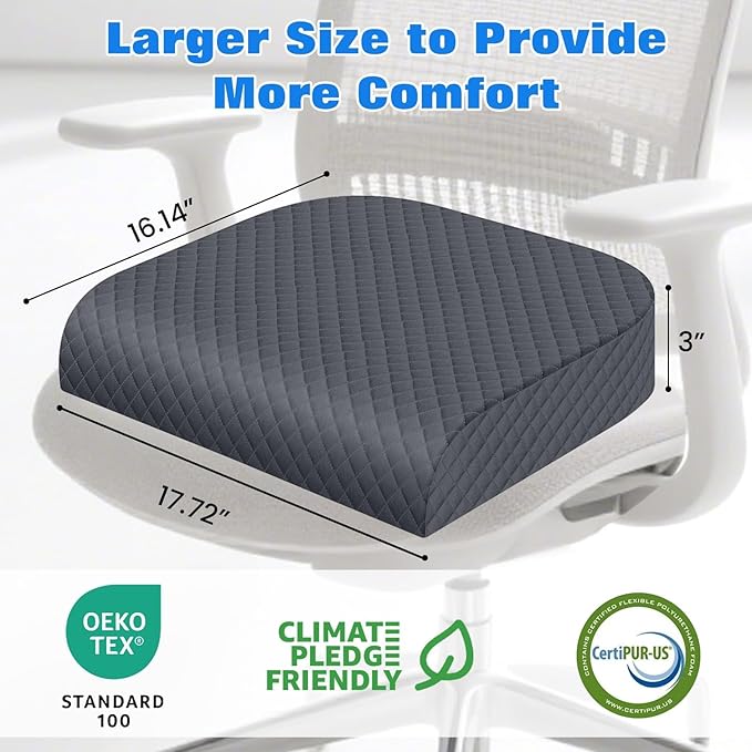 Seat Cushion, Memory Foam Chair Pad, Non-Slip Cushion for Office, Home, Car, Large Desk Chair Cushion, Washable Cover & Handle, Large, Grey