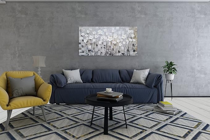 YHSKY ARTS Flower Picture Wall Decor with Heavy Textured Modern Grey and White 3D Paintings Contemporary Aesthetic Artwork for Living Room Bedroom Bathroom Decor