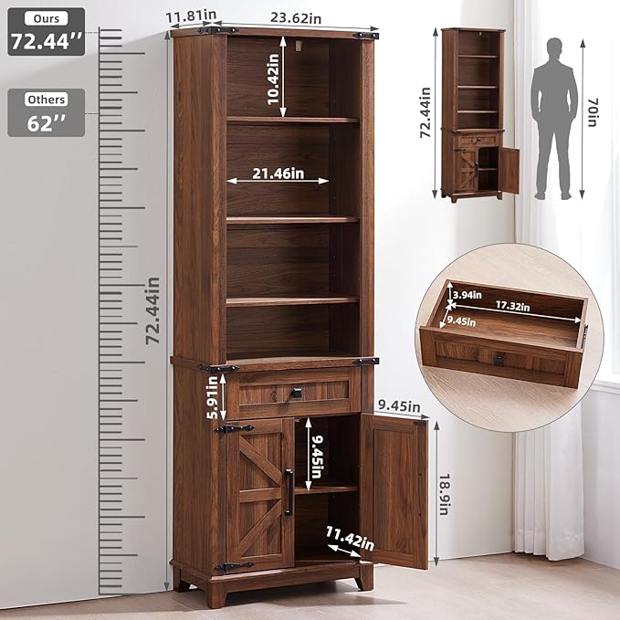72in Tall Bookshelf 7 Tier Bookcase with Drawer and Barn Doors and Adjustable Shelves, Brown Farmhouse Book Shelf with Storage Cabinet, Wood Freestanding Display Bookshelves for Kitchen (2PCS)