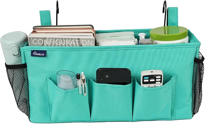 Surblue Bedside Organizer Caddy Hanging Storage Bag with Adjustable Straps and Water Bottle Holder for Home, College Dorm, Bunk Bed, Hospital Bed, Green