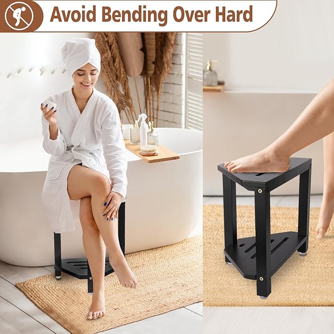 IBosins 16in Shower Foot Rest Corner Shower Stool for Shaving Legs with Storage Shelf Small Bench for Inside Shower to Sit on Bath Seat - Acacia Wood，Black