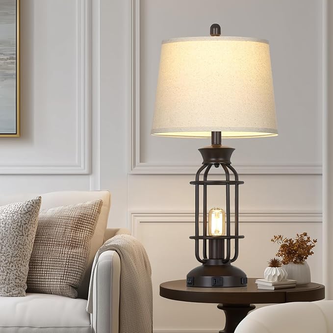 28" Tall Farmhouse Table lamps Set of 2, Vintage Industrial Table Lamp with USB C+A Ports & Outlet, Modern Rustic Bedside Lamp for Nightstand Living Room Bedroom Side Table Office Brown, 4 LED Bulbs