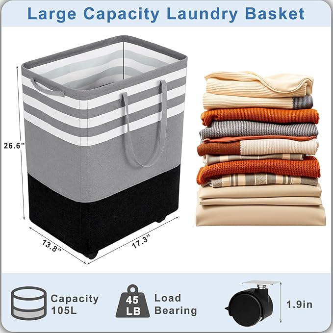 Wakefit 105L Large Laundry Basket, Laundry Hamper with 4 Wheels, Collapsible Waterproof Clothes Basket, Freestanding Hamper with Handles for Bedroom, Bathroom, Laundry Room (Gray - L)