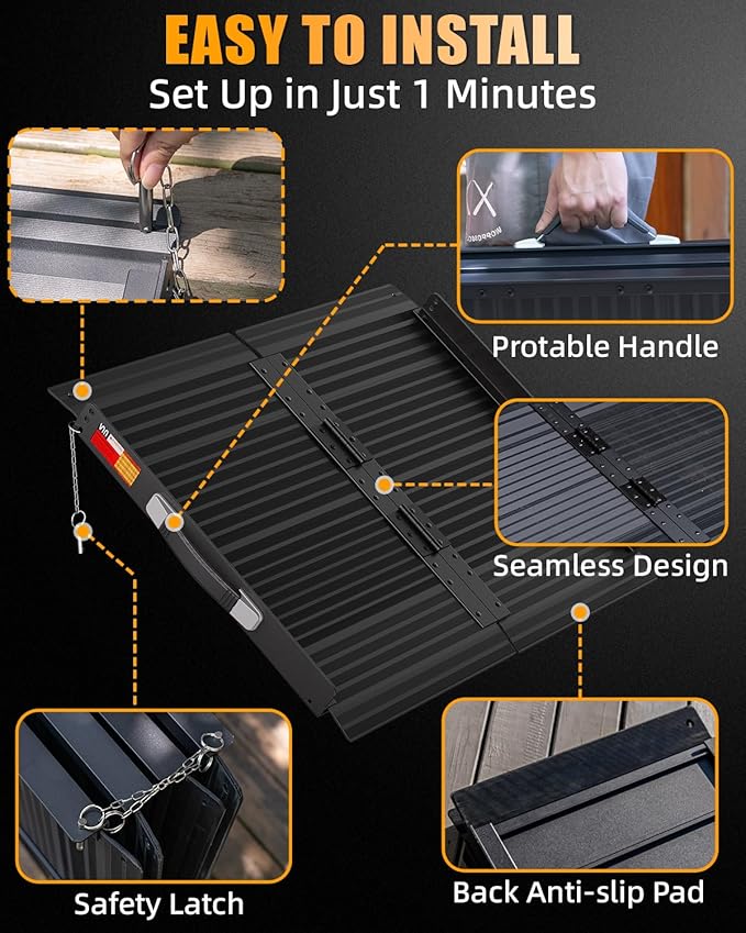 VNN Portable Wheelchair Ramp 2FT, Black Seamless Non-Slip Aluminum Ramps for Wheelchairs for Home, Handicap Wheelchair Ramps for Home Steps, Aluminum Loading Dock Plates