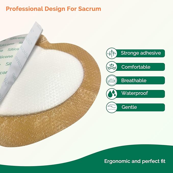 Sacrum Foam Dressing with Border Silicone Adhesive 6"x7" Waterproof Sacral Wound Dressing, High Absorbent Pads Breathable Bed Sore Pressure Wound Care Bandages 10 Packs