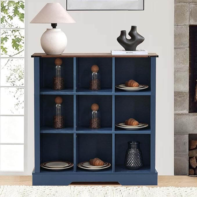 9 Cube Bookcase, Wooden Cube Storage Organizer Shelf, Blue Horizontal Book Shelf with LED Lights, Freestanding Display Cabinet for Living Room, Hallway TV Stand for Entryway