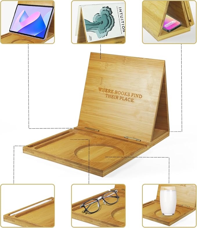 ZenRich Bamboo and Wooden Book Stand Holder for Page Rest, Unique Book Nook Reading Valet with a Cup, Glasses & Pen/Tablet/Kindle Holder. Foldable Bookmark – Ideal for Book Lovers