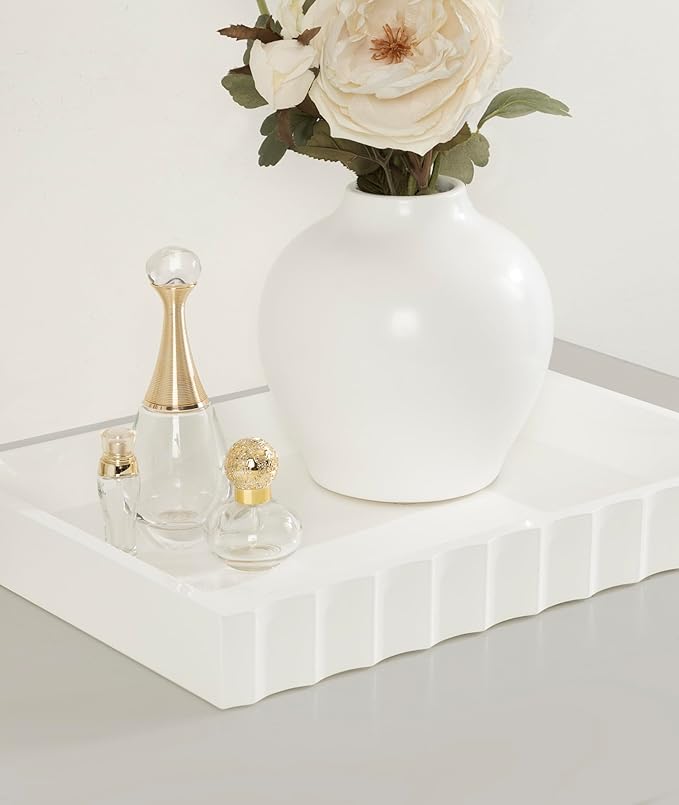 Kate and Laurel Lissi Decorative Rectangle Tray with Wavy Design, 16 x 12, White, Modern Scalloped Serving Tray for Coffee Table Ottoman, Dining Table, or Entryway Catch-All Tray