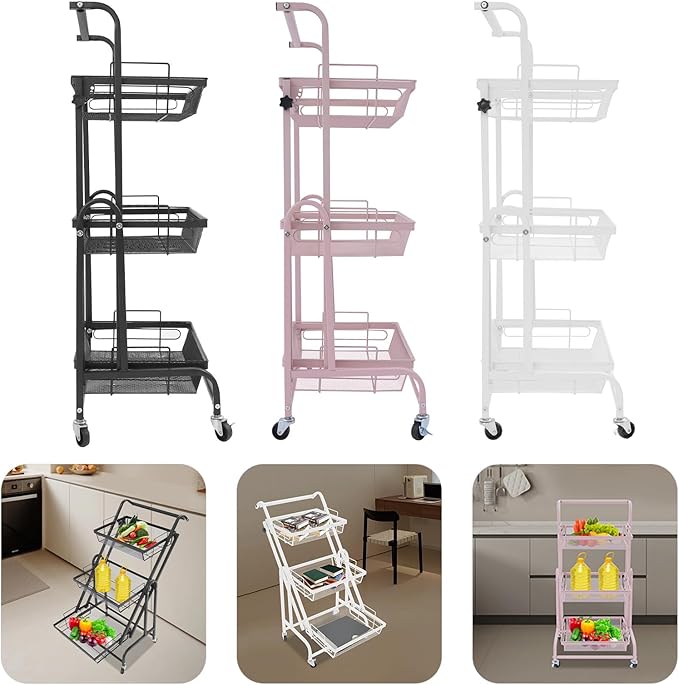 3 Tier Rolling Utility Cart with Wheels, Metal Rolling Foldable Storage Shelves, Adjustable Tilt Angle Storage Organizer for Living Rooms, Kitchens, Bathrooms (White)