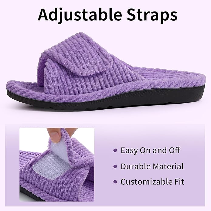 Litfun Orthopedic House Slippers for Women Adjustable Arch Support Indoor Slippers Open Toe Corduroy Bedroom Shoes
