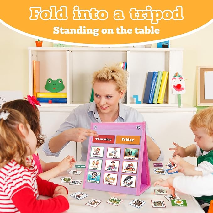 Visual Schedule for Kids Chore Chart，3 in 1 Daily Schedule Board Routine Pocket Chart Cards for Toddlers,Autism Learning Materials Tool Wall Planner for Home School with 103 Cards （Pink）