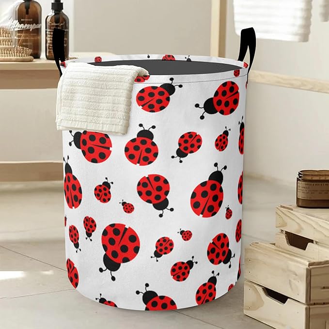 Cute Red Ladybugs Laundry Hamper Large Canvas Fabric Lightweight Storage Basket/Dirty Clothes Collapsible Waterproof for College Dorms, Boys and Girls Bedroom,Bathroom