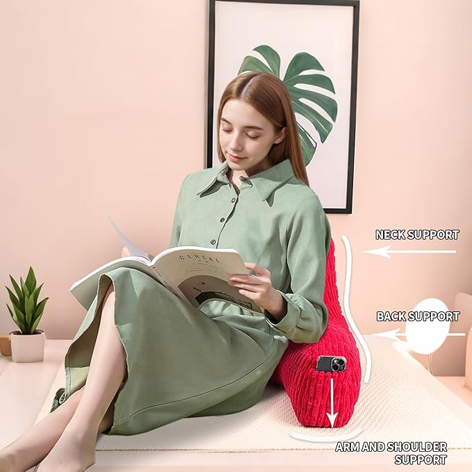 Reading Pillow for Sitting in Bed, Large Backrest Reading Pillow with Arm Rest,Back-Rest Support Cushion for Sit Up on Couch, Sofa, and Floor, Dorm Essentials (Red Corduroy, Standard(17"))