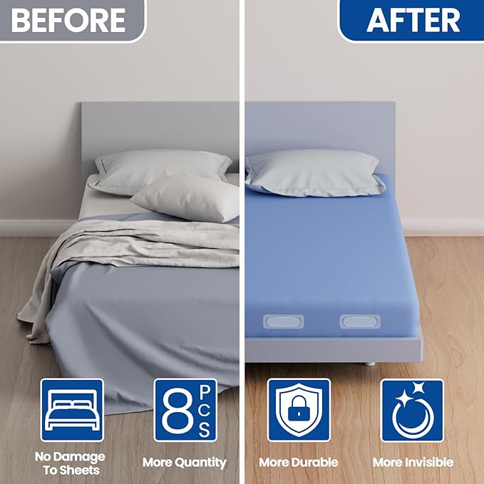 Bed Sheet Holder, Lock Sheet Holders Fitted Sheet Holder Sheet Fasteners Bed Lock Sheet Holders Easy to Install Not Restricted to Bed Corners, Keep Sheets Tight No More Loose and Wrinkled Sheets