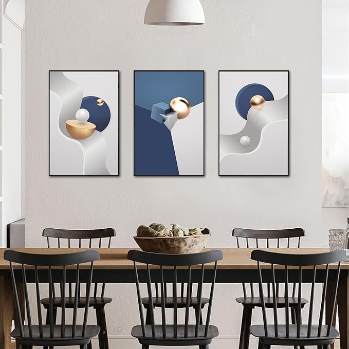 QKF Large Frame Canvas Wall Art Glossy Blue Geometry Modern Living Room, Bedroom, Office Fashion Wall Decoration 3-piece Set of Poster Prints 24 "X 32"
