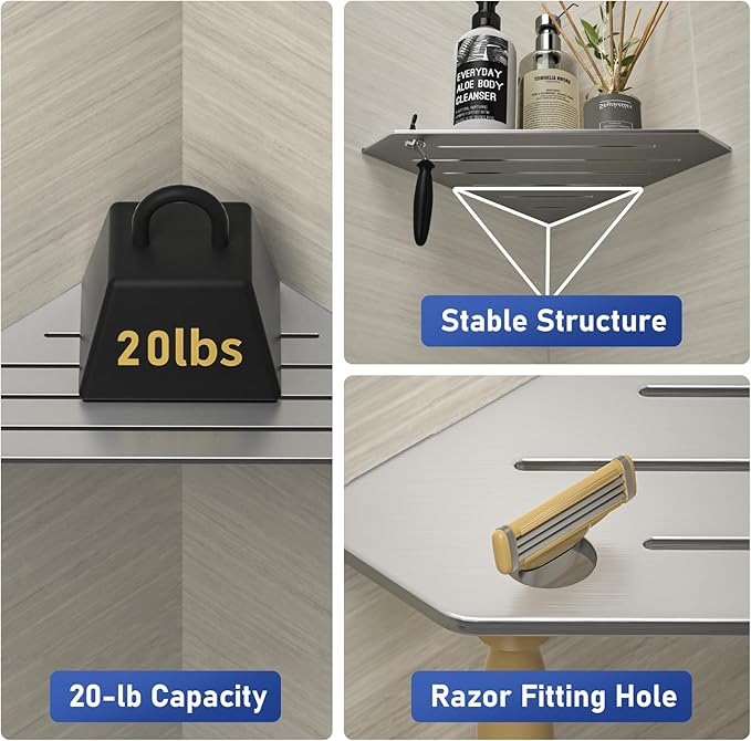 Corner Shower Shelves, Pentagonal Grout in Shelf w/Razor Holding Hole, 304 Stainless Steel Bathroom Shelf (Brushed)