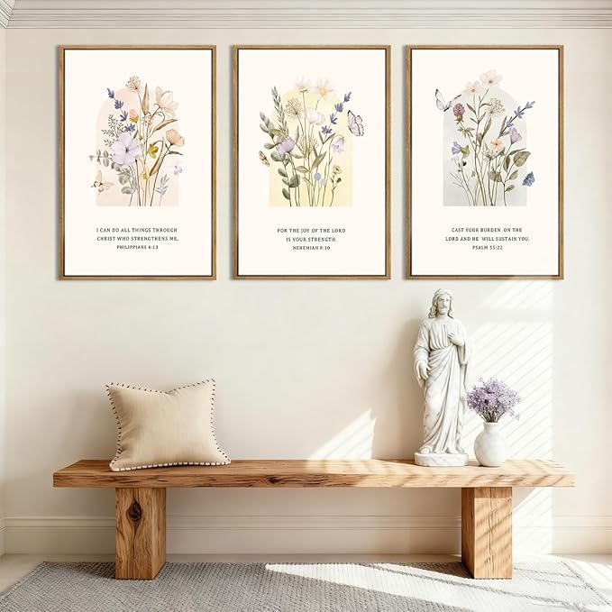 IARTTOP Large Floral Christian Wall Art Framed 16x24 Inch Set of 3 Bible Verse Scripture Artwork Minimalist Botanical Religious Canvas Wall Decor for Church Living room Bedroom