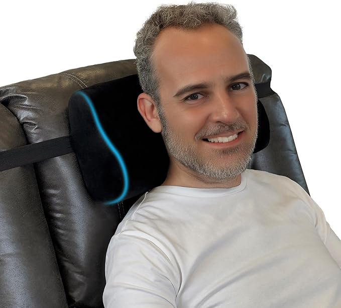 Memory Foam Headrest Pillow for Recliner – B-Shaped Neck Pillow with Stabilizer Strap, Non-Slip Backing, Soft Plush Fabric - Ultimate Neck Support and Pain Relief (Jet Black)