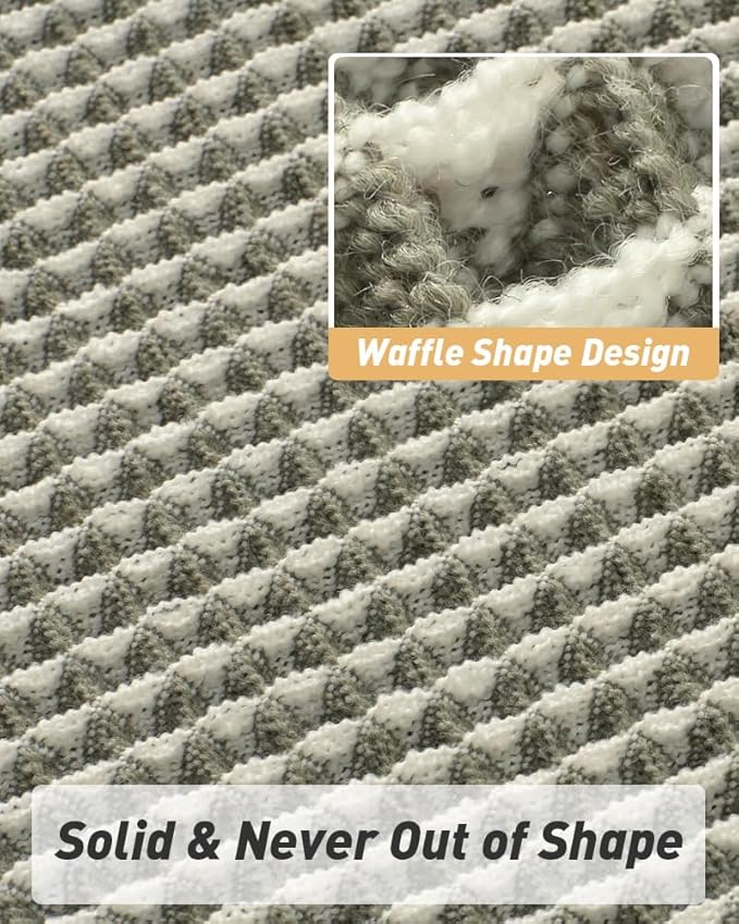 AMOAMI Upgraded Waffle Runner Rug Super Absorbent Non Slip Bath Mats for Bathroom Machine Washable Bathroom Runner Rug with Tassels, Ideal for Hallway Bedroom Laundry Room, 2' x 5', Green & Cream
