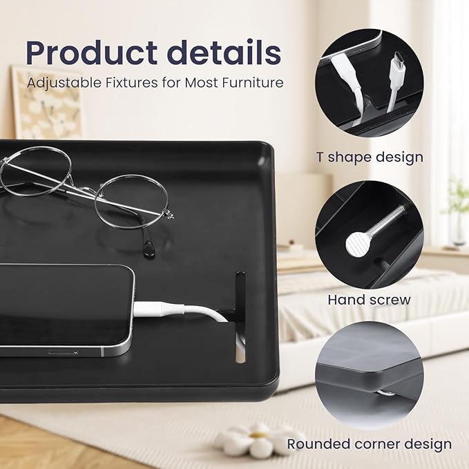 WELTOKE Bedside Shelf for Dorm Bed,Clip on Floating Bedside Table,Bunk Bed Shelf for Top Bunk,Beds Side Table Tray Organizer,Attachable Bedside Table with Cable Management for Dormitory,Black